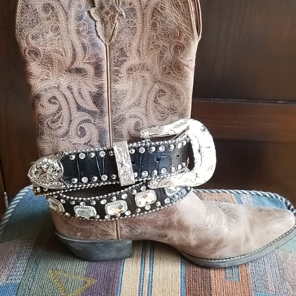 Genuine Leather Southwestern Interchangeable Buckle Rhinestone Silvertone - Picture 10 of 14